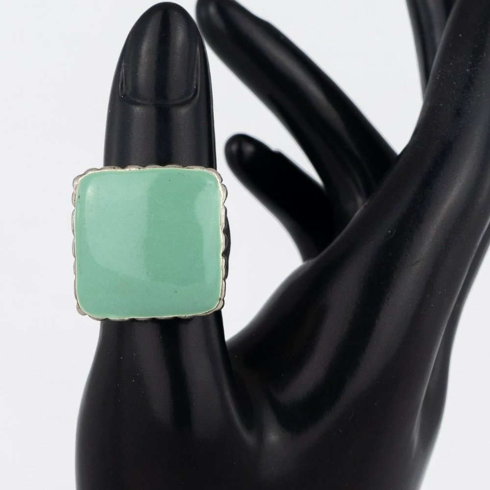Turquoise Color Enamel Tile Silver Tone Statement Ring Cocktail Brutalist Size 7